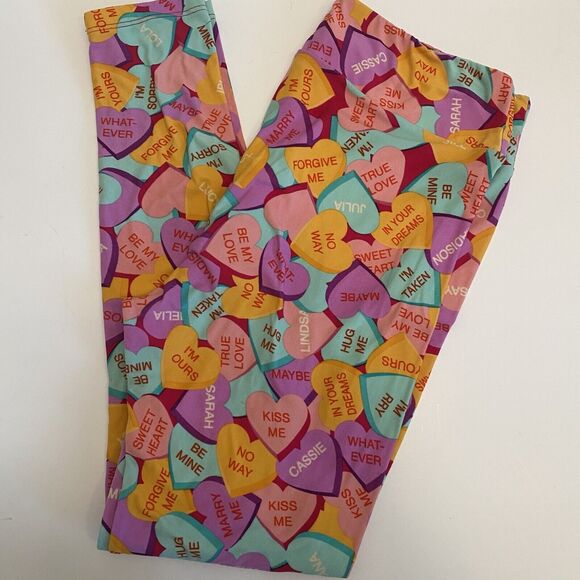 Lularoe Candy Conversation Hearts Valentines’s Day Leggings plus size TC EUC - Picture 1 of 5